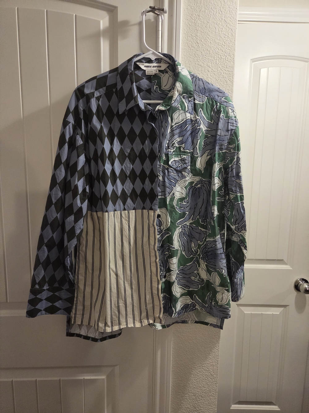 Mixed-Pattern Button Down Shirt in Blue, Green & Cream